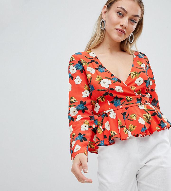 Asos Design Petite Wrap Top With Pephem In Floral - Multi