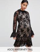 Asos Maternity Tall High Neck Open Back Lace Mini Dress - Black
