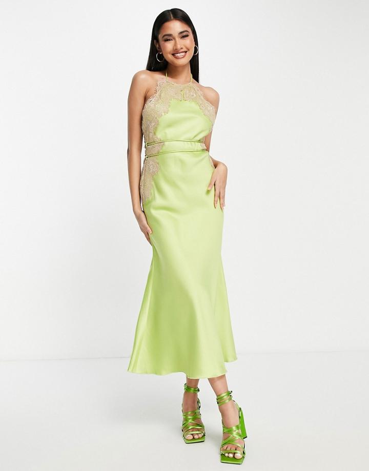 Asos Design High Neck Satin Lace Applique Midi Dress In Green With Strappy Belt