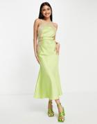 Asos Design High Neck Satin Lace Applique Midi Dress In Green With Strappy Belt
