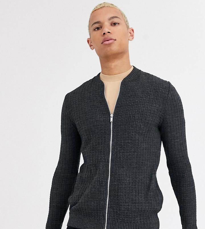 Asos Design Tall Muscle Fit Textured Knit Bomber Jacket In Charcoal-gray