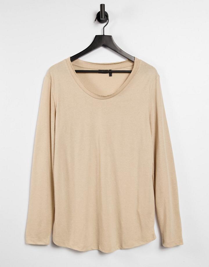 Asos Design Longline Long Sleeve T-shirt With Scoop Neck In Beige Linen-neutral