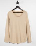 Asos Design Longline Long Sleeve T-shirt With Scoop Neck In Beige Linen-neutral