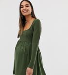 Asos Design Maternity Mixed Fabric Long Sleeve Skater Dress-green