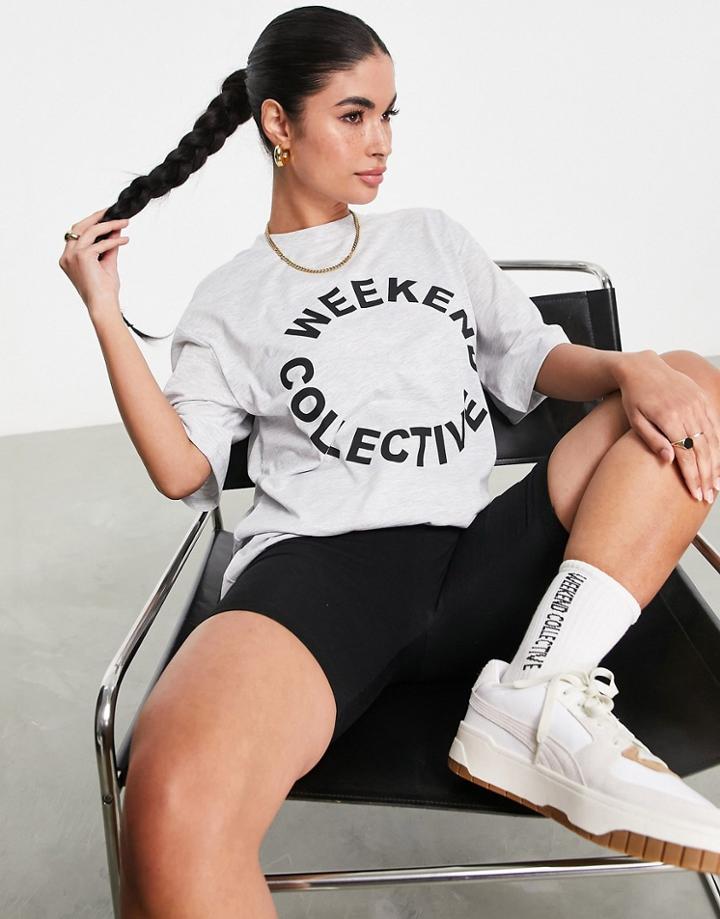 Asos Weekend Collective Oversized T-shirt With Circular Logo In Ice Heather-black