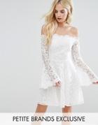 John Zack Petite Off Shoulder Contrast Allover Lace Mini Dress With Fluted Sleeve Detail - Cream