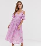 Asos Petite Pink Lace Midi Dress With Eyelet Tape