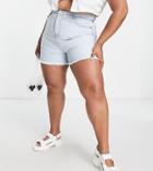 Dtt Plus Longline Denim Shorts With Raw Hem In Light Blue Wash