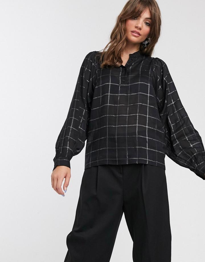 In Wear Cora Windowpane Check Balloon Sleeve Blouse-black