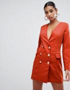 In The Style Blazer Dress With Button Detail - Orange