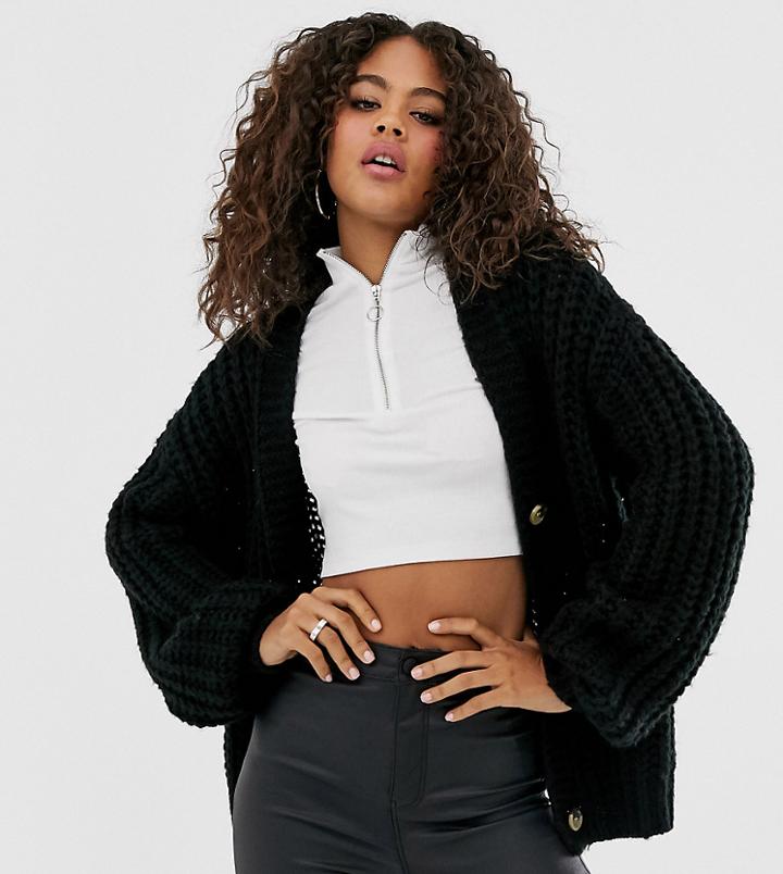 Noisy May Tall Chunky Ribbed Button Front V Neck Cardigan - Black