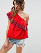 Asos One Shoulder Top In Cotton With Cutwork & Embroidery - Red
