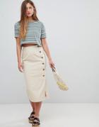 Asos Design Denim Wrap Midi Skirt With Tortoiseshell Buttons - Stone