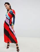 Asos Design Wrap Maxi Dress With Long Sleeves In Bright Stripe-multi