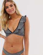 Brave Soul Frilled V Neck Bikini Top In Gingham-black