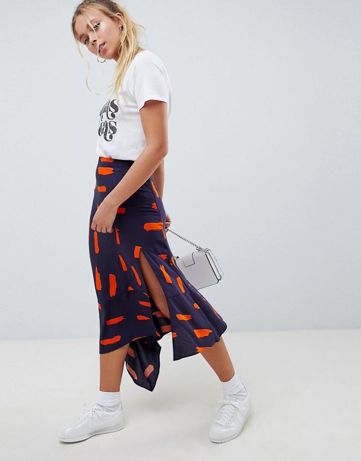 Asos Design Asymmetric Hem Midi Skirt In Minimal Brush Print - Multi