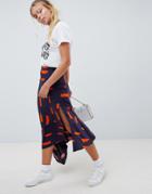 Asos Design Asymmetric Hem Midi Skirt In Minimal Brush Print - Multi