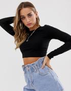 Asos Design Crew Neck Rib Long Sleeve Super Crop T-shirt In Black