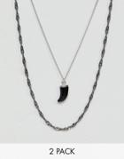 Designb Black Horn & Gunmetal Chain Necklace In 2 Pack Exclusive To Asos - Silver