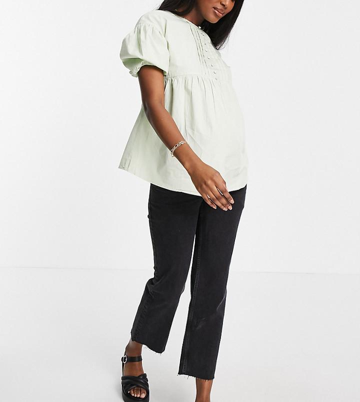 Influence Maternity Button Front Puff Sleeve Blouse In Sage Green