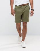 Bershka Straight Fit Chino Short In Khaki With Belt - Green