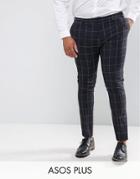 Asos Plus Super Skinny Suit Pants In Navy Check With Nep - Navy