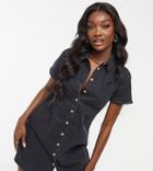 Asos Design Tall Soft Denim Smock Shirt Dress In Washed Black
