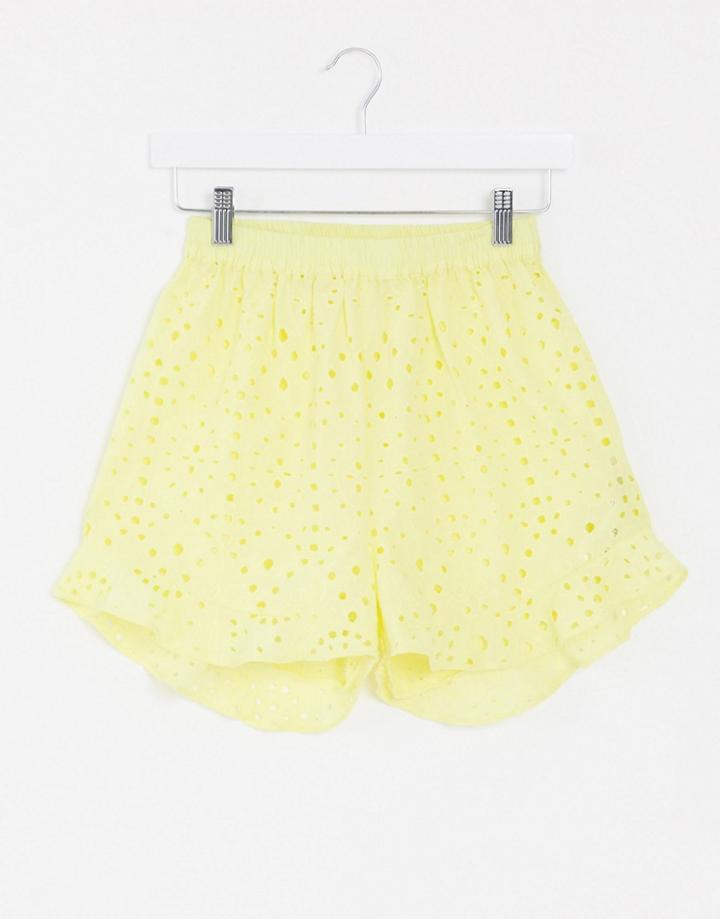 Missguided Two-piece Broderie Frill Hem Shorts In Yellow