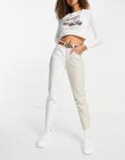 Stradivarius Contrast Two Tone Slim Mom Jean In Ecru-white