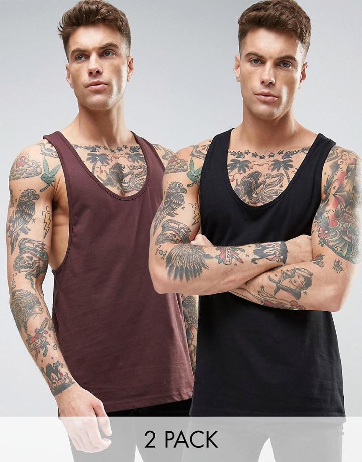 Asos 2 Pack Tank With Extreme Racer Back In Oxblood/black Save - Multi