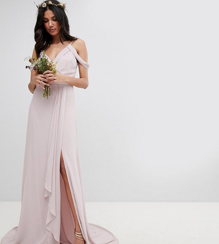 Tfnc Tall Cold Shoulder Wrap Maxi Bridesmaid Dress With Fishtail - Brown