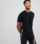 Asos Tall Relaxed Longline T-shirt With Curved Hem And Taping In Towelling In Black - Black
