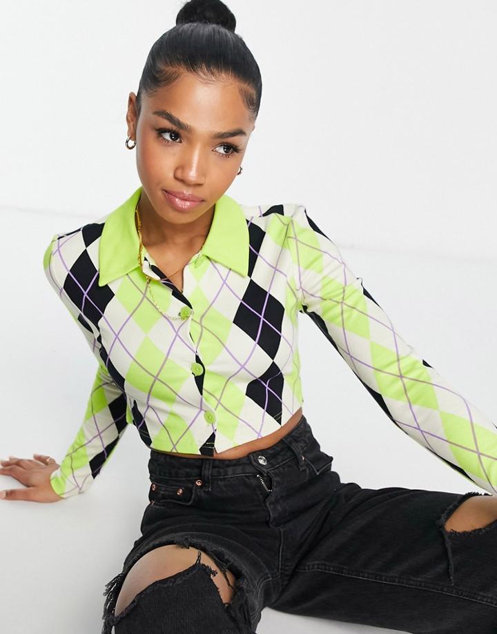 Monki Jersey Long Sleeve Polo Top In Green Argyle Print