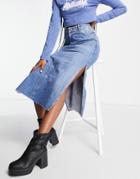 Topshop Side Split Midi Skirt In Mid Blue-blues