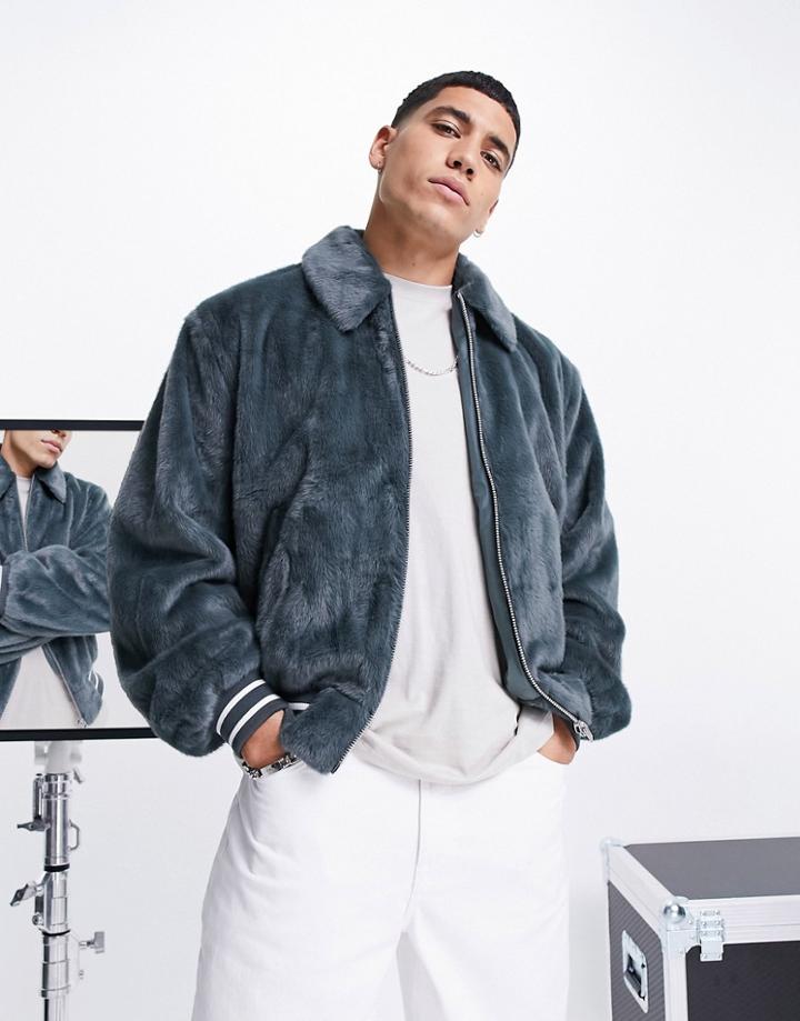 Asos Design Faux Fur Bomber Jacket In Dark Blue-green