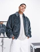 Asos Design Faux Fur Bomber Jacket In Dark Blue-green