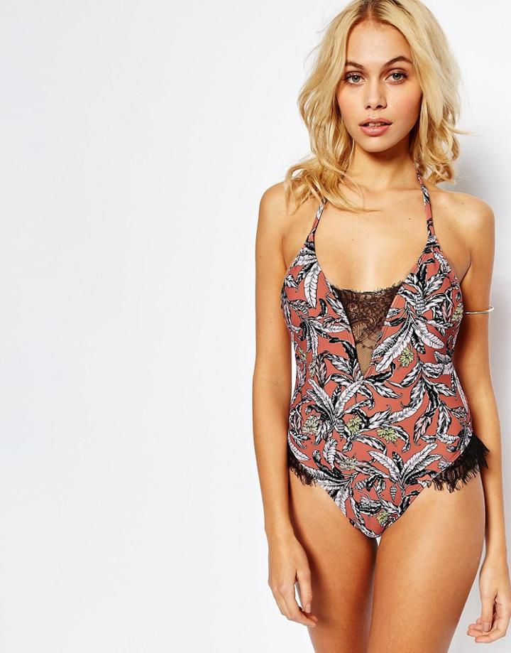 Asos Rust Palm Print Lace Insert High Leg Swimsuit - Rust Palm Print