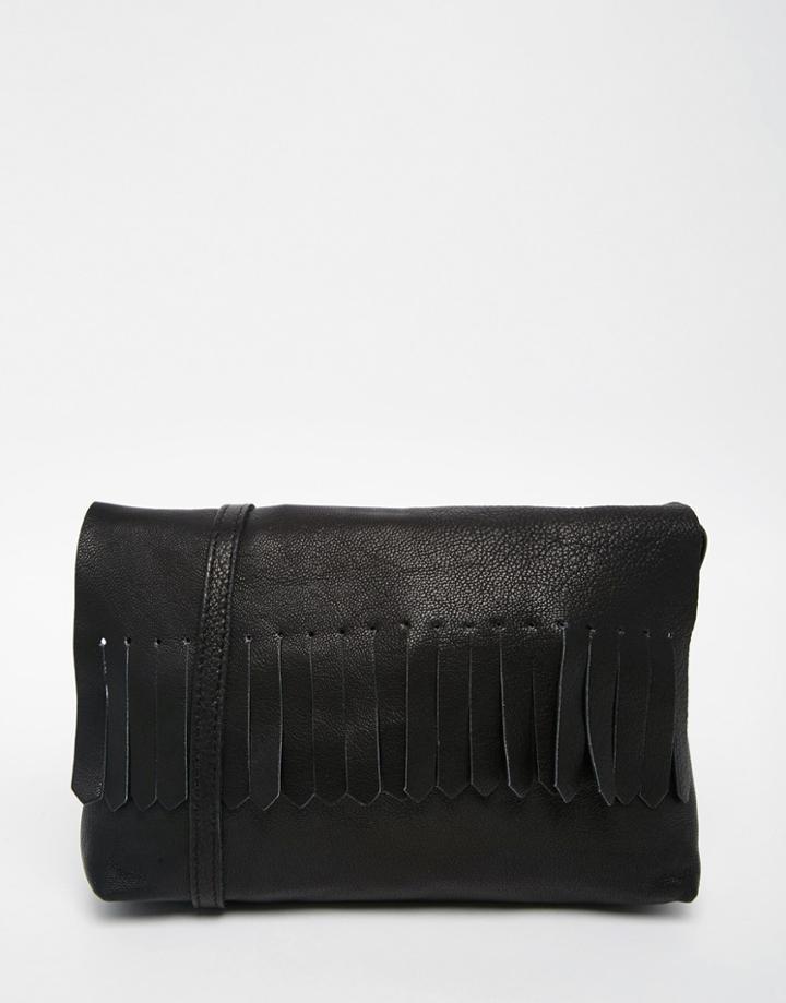 Asos Soft Leather Cross Body Bag With Fringing - Black