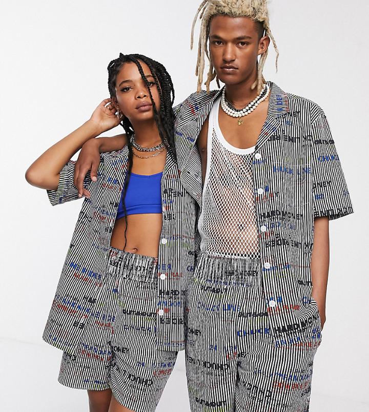 Collusion Unisex Stripe Revere Shirt With Typo Print - Multi