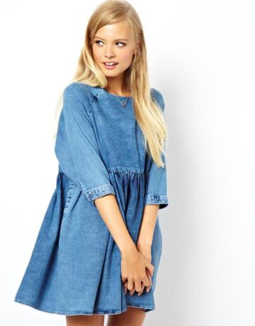 Asos Denim Smock Dress In Mid Wash