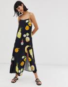 Weekday Fruit Print Mid Cami Dress With Front Slit In Navy - Multi