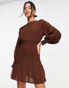 Pretty Lavish Shirred Mini Dress In Chocolate Brown