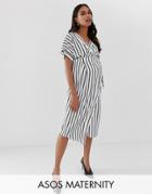 Asos Design Maternity Wrap Midi Dress In Stripe Print - Multi