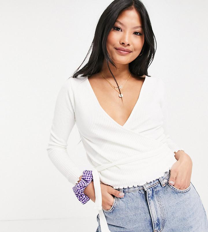 Asos Design Petite Wrap Top In Rib With Tie In White