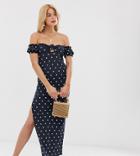 Asos Design Tall Off Shoulder Crinkle Maxi Sundress With Puff Sleeve In Polka Dot-multi
