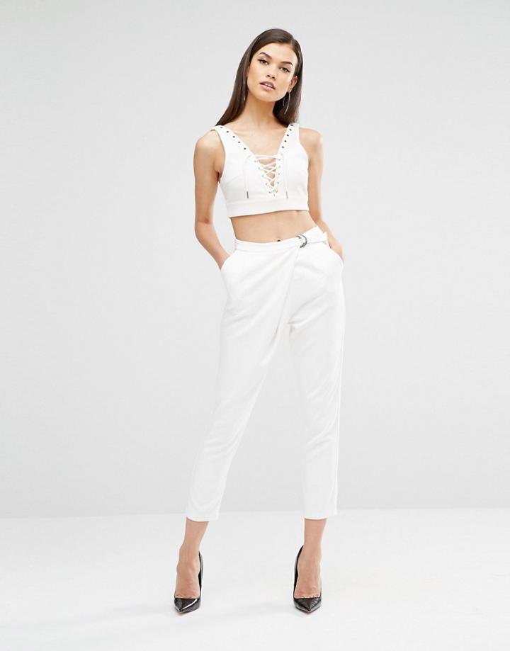 Lavish Alice Crossover D-ring Peg Leg Pants - White