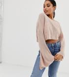 Missguided Petite Off The Shoulder Flare Sleeve Cropped Sweater In Blush - Pink