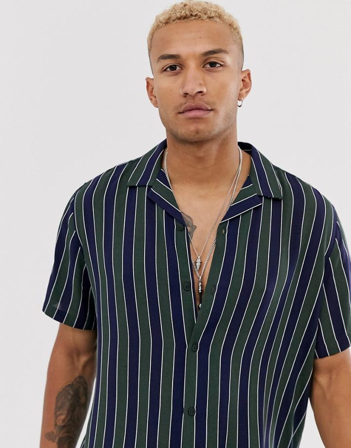 Asos Design Relaxed Stripe Shirt In Green - Green