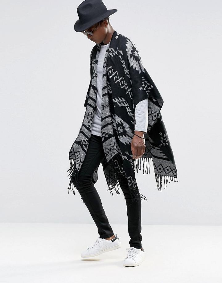 Asos Geo-tribal Cape In Monochrome - Black