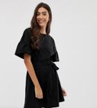 Asos Design Tall Slub Mini Dress With Frill Sleeve And Belt - Black